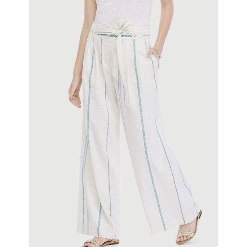 Ann Taylor Tie Waist Linen Blend Wide Leg Belted Pant Women 0 Ivory Beach Summer